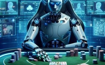 AI poker bot playing against a human at a casino table, symbolizing the battle of intelligence and strategy between machines and humans in poker.