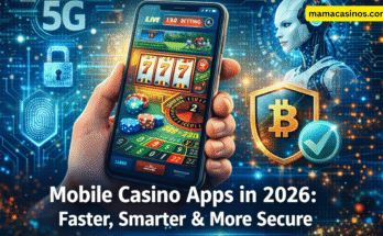 Mobile casino apps in 2026 showing fast gameplay, AI features, 5G connectivity, and secure mobile gambling