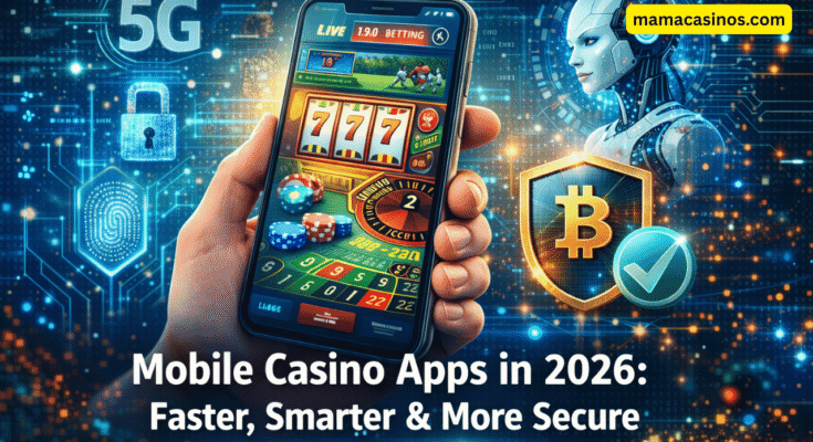 Mobile casino apps in 2026 showing fast gameplay, AI features, 5G connectivity, and secure mobile gambling