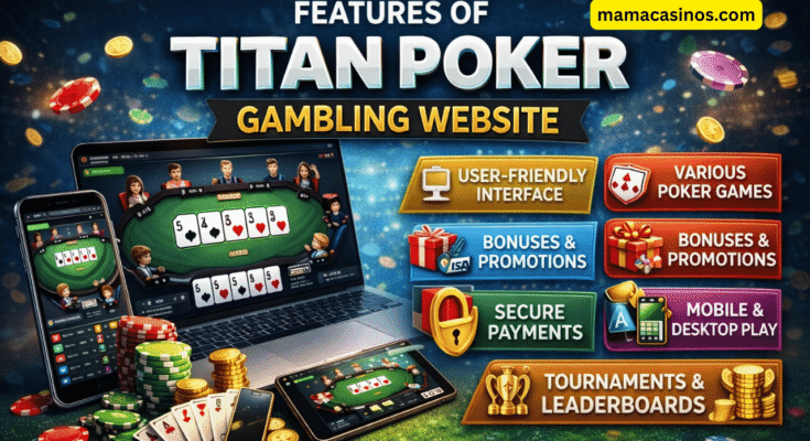 Features of Titan Poker gambling website showing online poker games and secure gameplay
