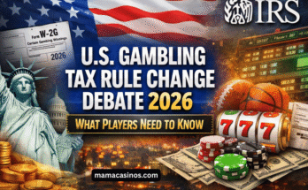 U.S. gambling tax rule change debate 2026 showing IRS, casino winnings, sports betting, and tax reporting
