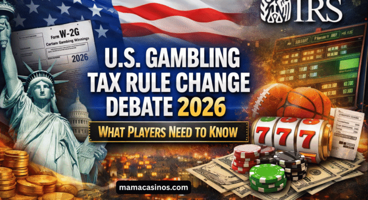 U.S. gambling tax rule change debate 2026 showing IRS, casino winnings, sports betting, and tax reporting