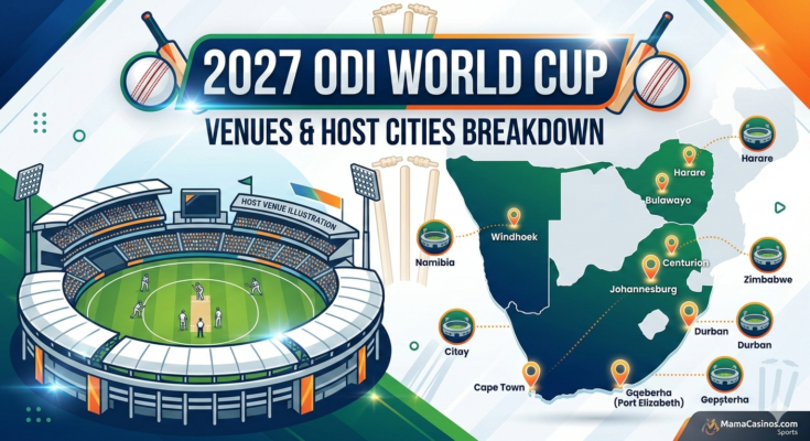 A professional infographic for the 2027 ODI World Cup featuring a cricket stadium illustration and a map of South Africa, Zimbabwe, and Namibia highlighting host cities like Cape Town, Johannesburg, Harare, and Windhoek.