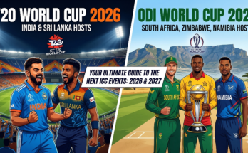 A split graphic illustrating the upcoming ICC events, featuring cricket players in team jerseys for the T20 World Cup 2026 hosts (India and Sri Lanka) on the left, and the 2027 ODI World Cup hosts (South Africa, Zimbabwe, and Namibia) on the right.