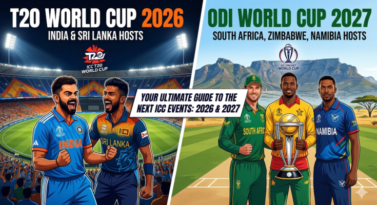 A split graphic illustrating the upcoming ICC events, featuring cricket players in team jerseys for the T20 World Cup 2026 hosts (India and Sri Lanka) on the left, and the 2027 ODI World Cup hosts (South Africa, Zimbabwe, and Namibia) on the right.