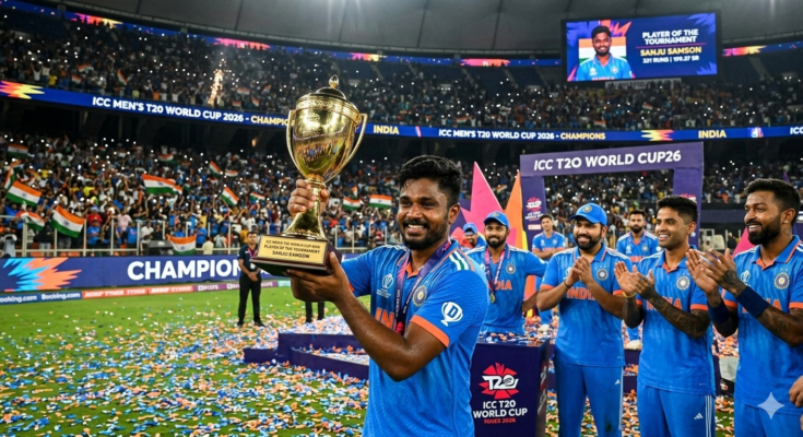 Sanju Samson smiling and holding the Player of the Tournament trophy in a packed stadium with Team India teammates cheering in the background during the T20 World Cup 2026 victory celebration.