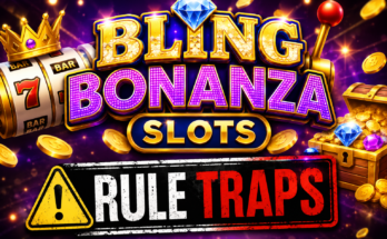 Bling Bonanza Slots Rule Traps featured image showing a colorful slot machine, gold coins, diamonds, treasure chest, and warning sign about hidden casino game rules.