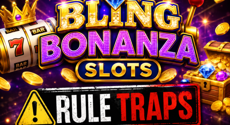 Bling Bonanza Slots Rule Traps featured image showing a colorful slot machine, gold coins, diamonds, treasure chest, and warning sign about hidden casino game rules.