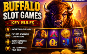 Buffalo Slot Games Key Rules featured image showing a buffalo-themed slot machine with paylines, bonus features, free spins, and mamacasinos.com branding.