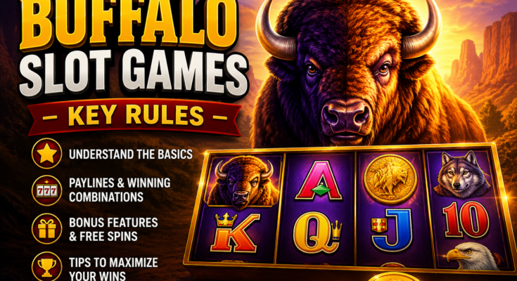 Buffalo Slot Games Key Rules featured image showing a buffalo-themed slot machine with paylines, bonus features, free spins, and mamacasinos.com branding.