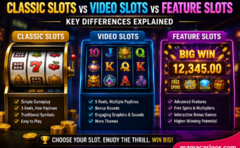 Classic Slots vs Video Slots vs Feature Slots comparison guide showing the key differences in online casino slot games