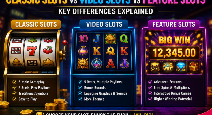 Classic Slots vs Video Slots vs Feature Slots comparison guide showing the key differences in online casino slot games