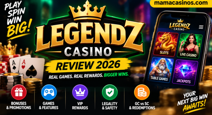 Legendz Casino review 2026 featuring casino games, bonuses, VIP rewards and redemptions